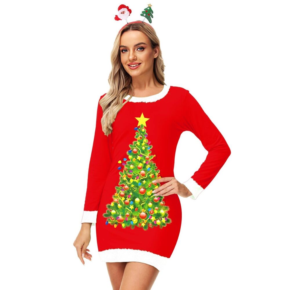 5731 Christmas Tree Printed Dress Ugly Xmas Long Sleeve Dresses Bodycon